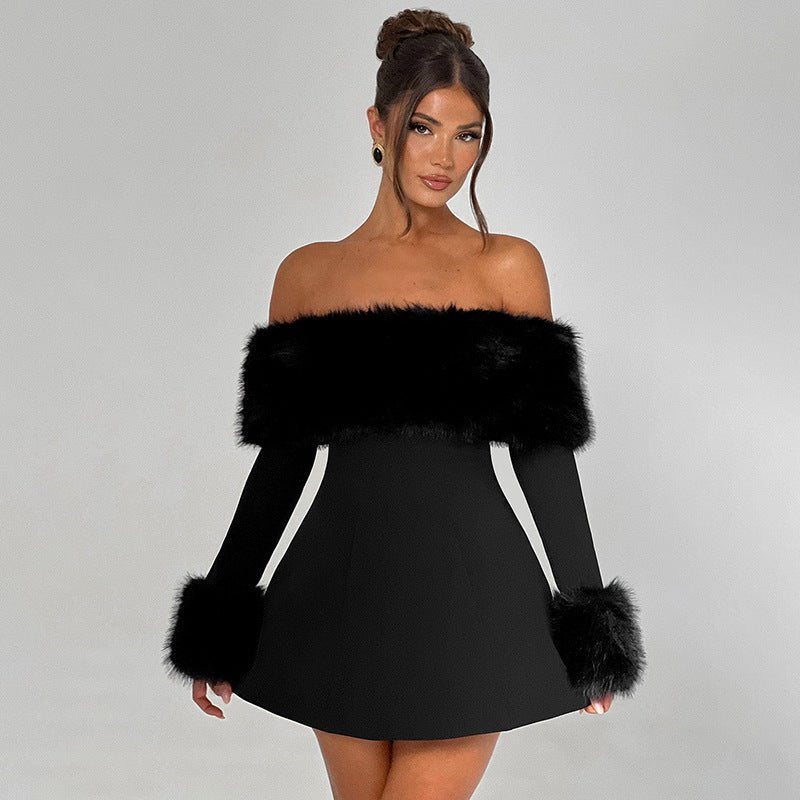 Elegantes Velvetkleid mit Schulterfreischnitt und langen Ärmeln - Ein unwiderstehlicher, luxuriöser Look!