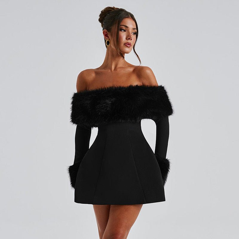 Elegantes Velvetkleid mit Schulterfreischnitt und langen Ärmeln - Ein unwiderstehlicher, luxuriöser Look!
