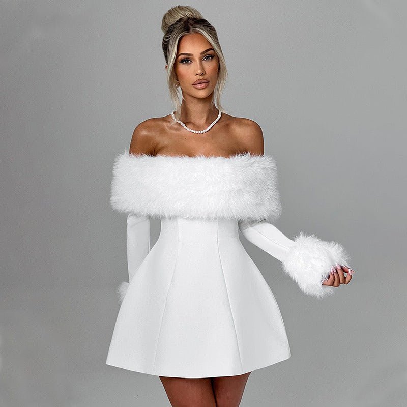 Elegantes Velvetkleid mit Schulterfreischnitt und langen Ärmeln - Ein unwiderstehlicher, luxuriöser Look!